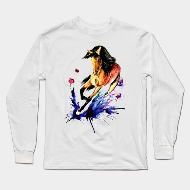 running horse watercolor Long Sleeve T-Shirt by NemfisArt